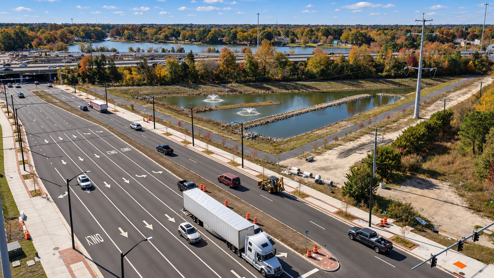 Aerial view of an active roadway corridor with a stormwater management pond and staged pipe materials