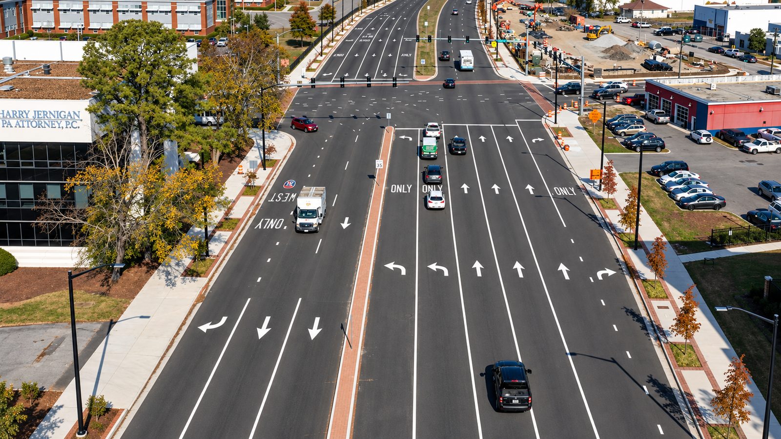 Aerial view of a newly constructed multi-lane signalized intersection with turn lane striping