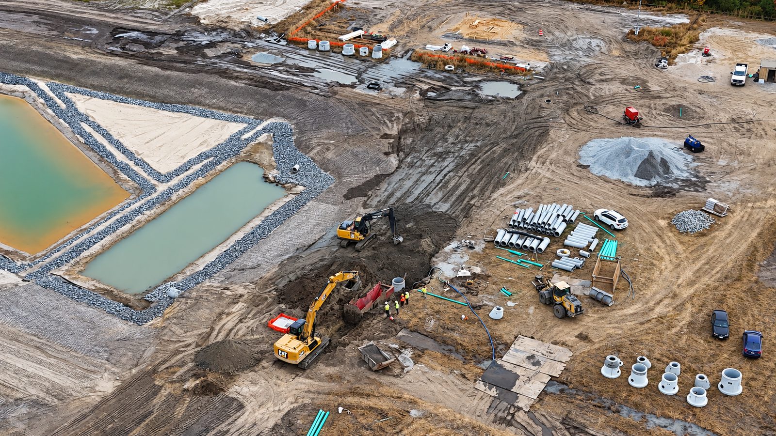 Aerial view of a pumping station and stormwater management site under construction