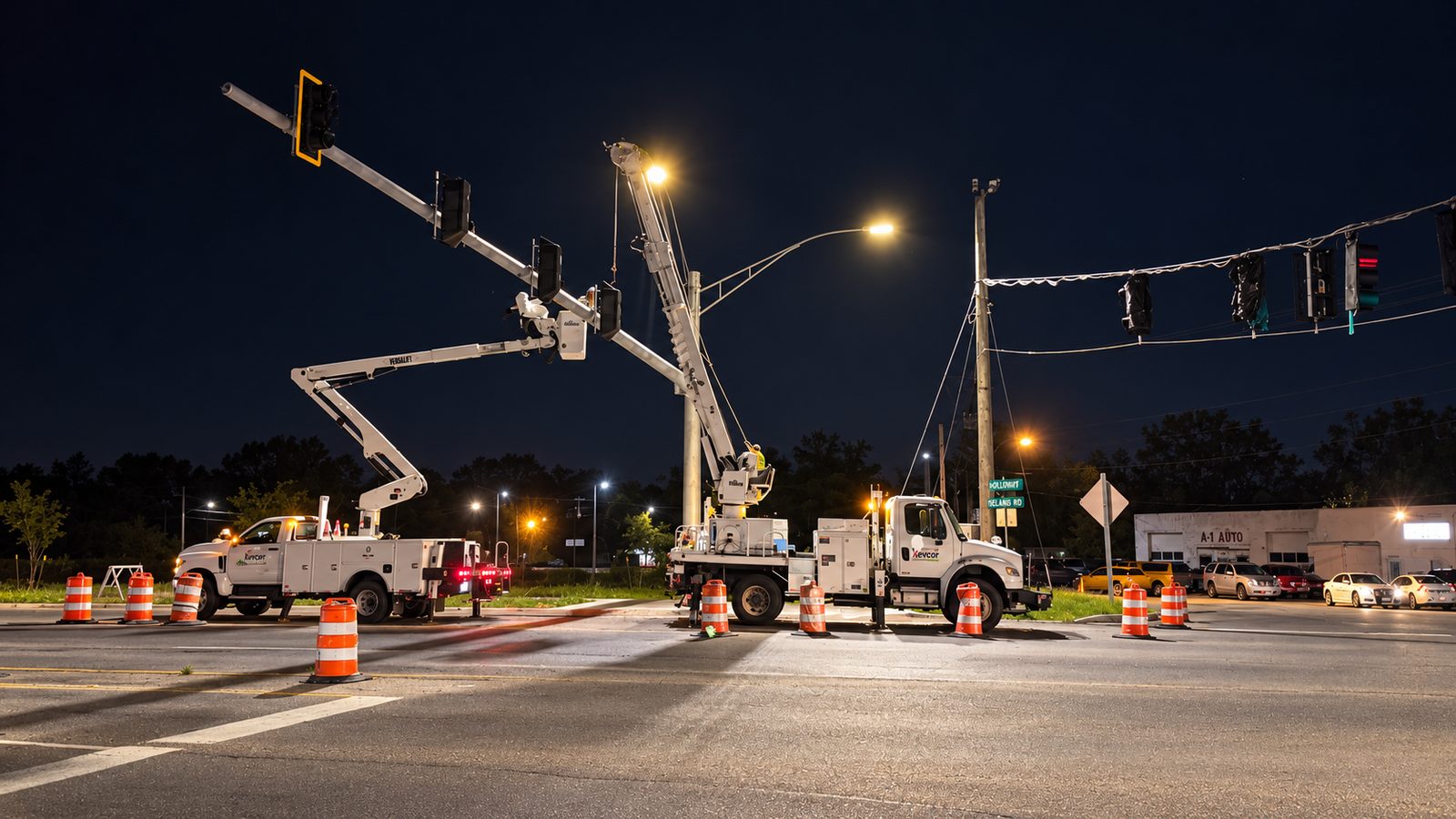 Bucket trucks performing traffic signal and overhead utility work at night